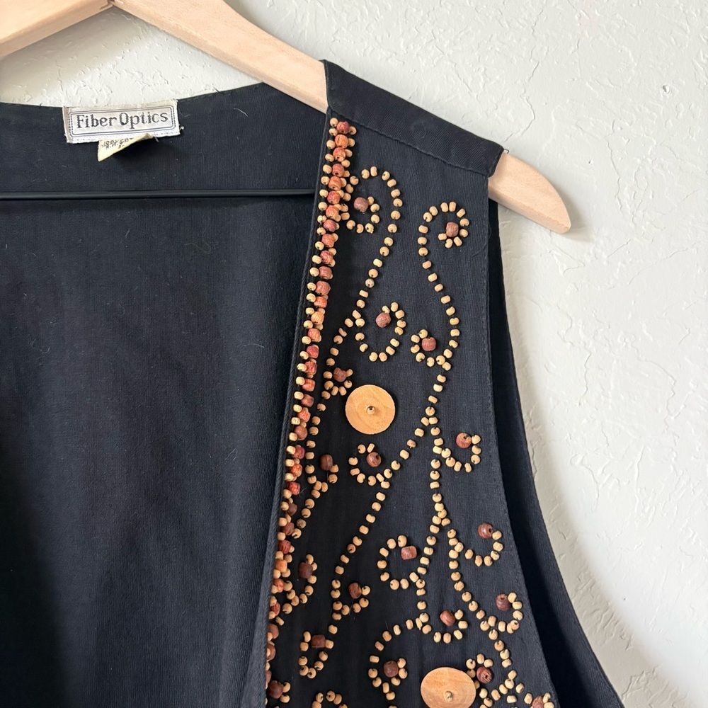 Vintage Fiber Optics Beaded Wooden Button Vest | 90s Boho Festival | L - Picture 6 of 12